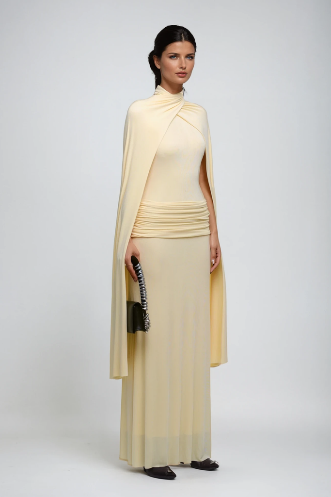 Stylish yellow dress | Danielius Bodycon Ruch Shawl Maxi Dress In Butter Yellow - Ideal for special occasions