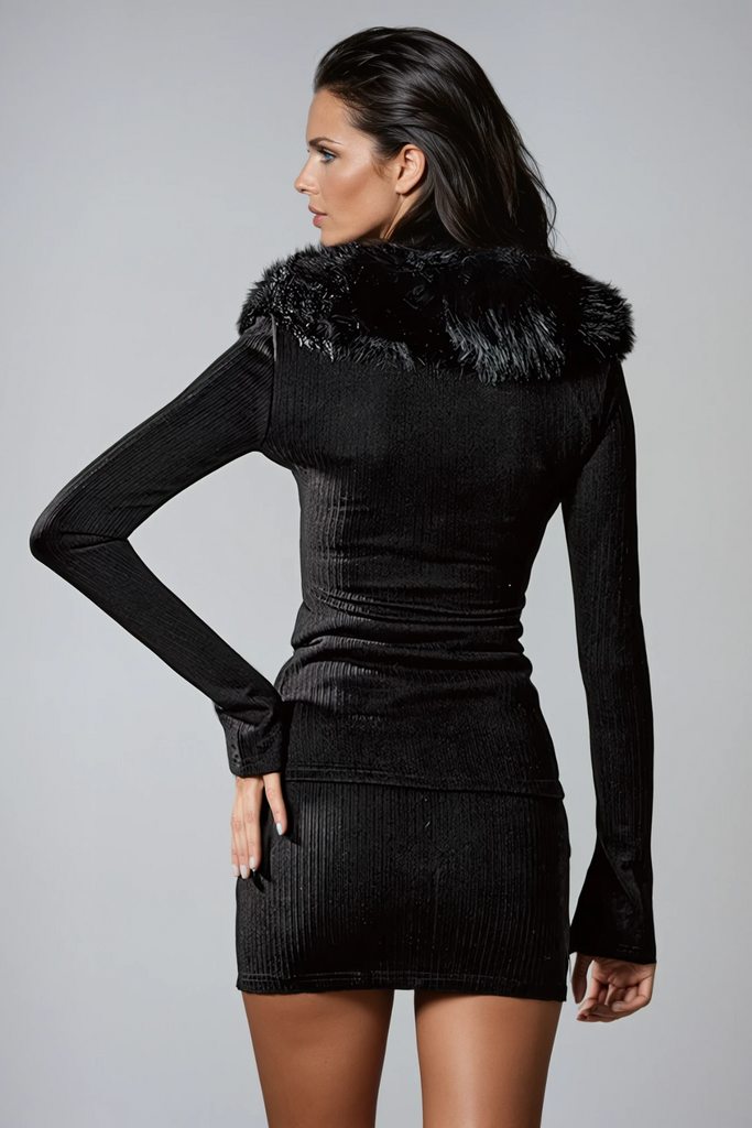 Danika Faux Fur V Neck Knit Skirt Set - Stylish beautiful dress for special occasions | Buy Online