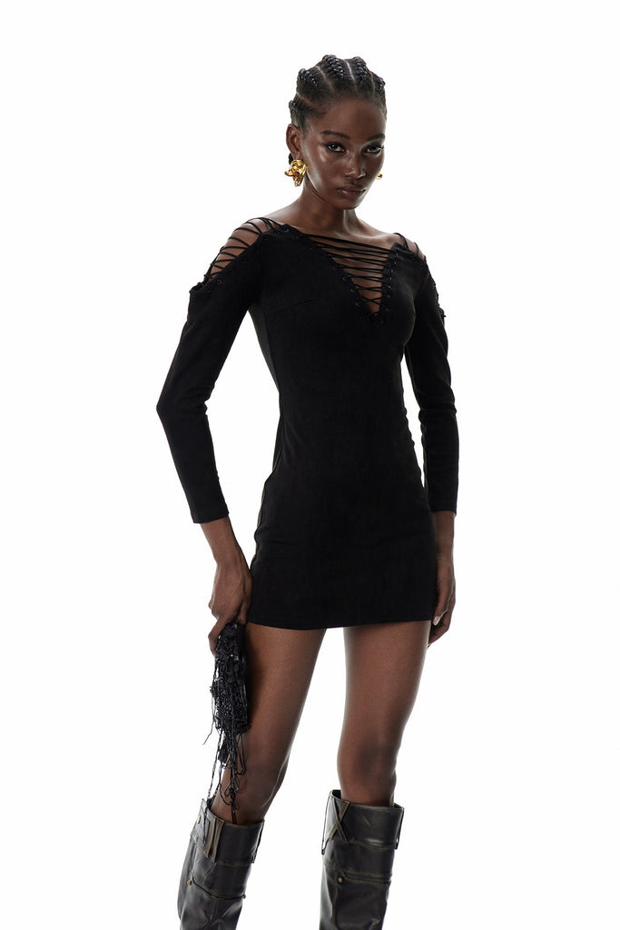Danil Lace Up Suede Mini Dress - Stylish beautiful dress for special occasions | Buy Online
