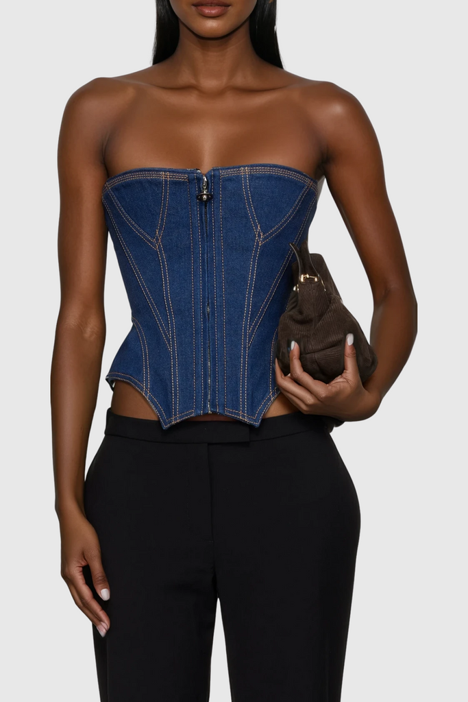 Daniya Strapless Zipper Denim Top - Stylish beautiful dress for special occasions | Buy Online