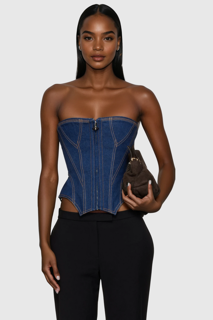 Stylish beautiful dress | Daniya Strapless Zipper Denim Top - Ideal for special occasions