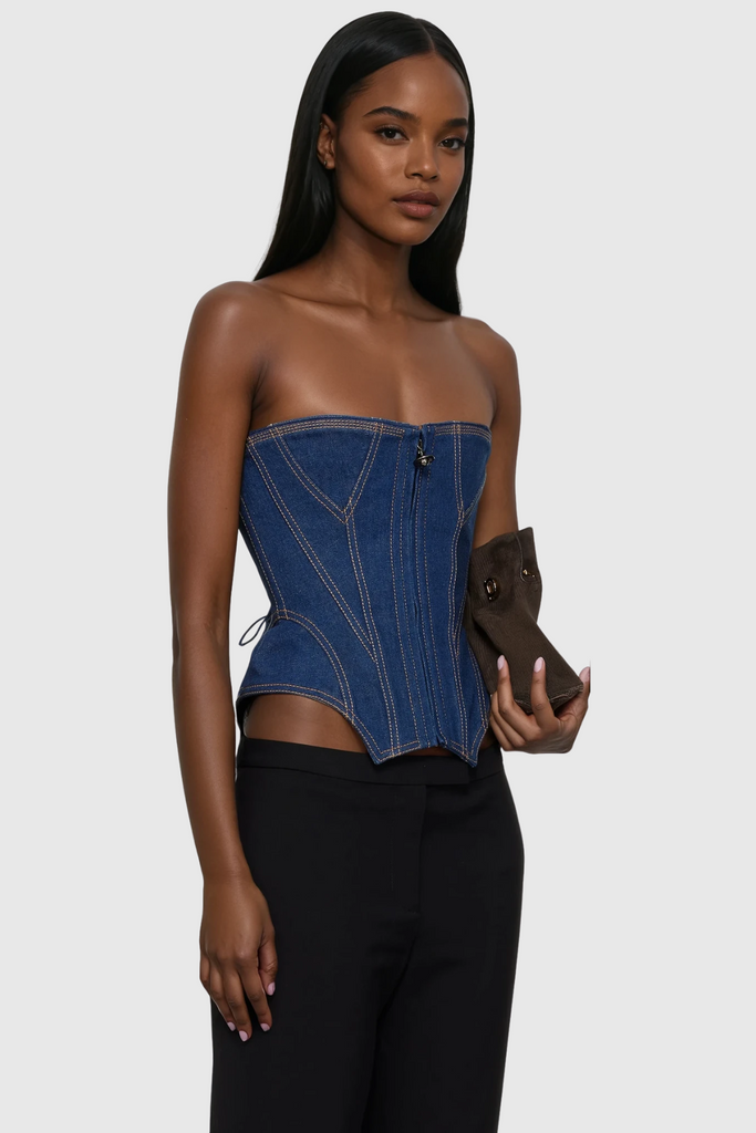 Stylish beautiful dress | Daniya Strapless Zipper Denim Top - Ideal for special occasions