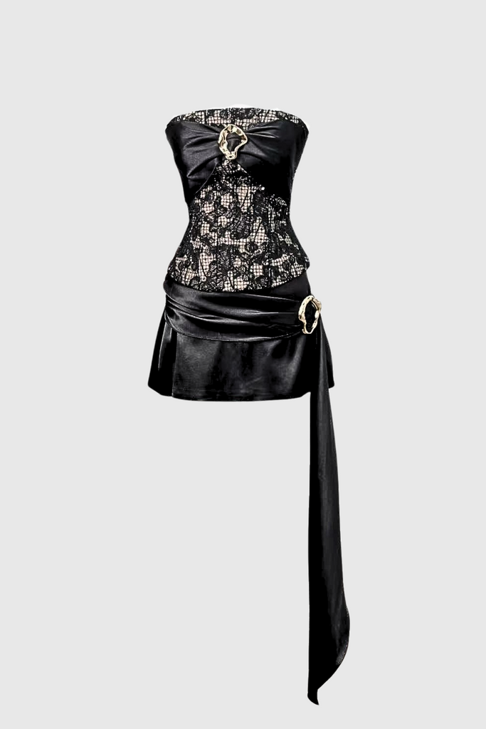 Stylish beautiful dress | Danna Strapless Lace Fringe Satin Mini Dress - Ideal for special occasions