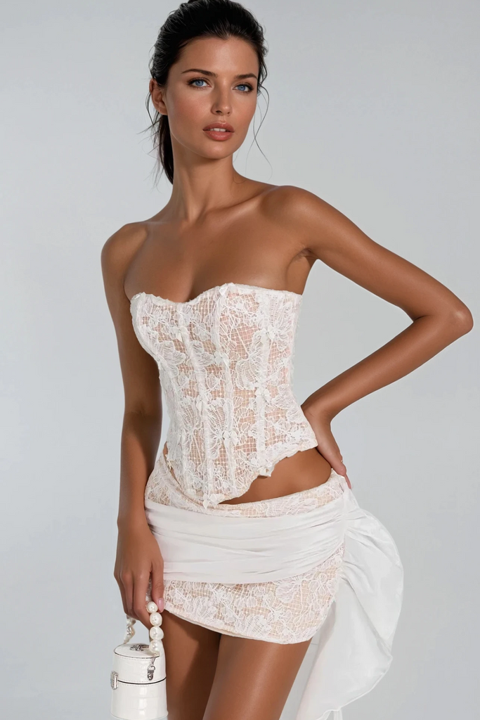 Stylish white dress | Danne Corset Fringe Skirt Set In White - Ideal for special occasions