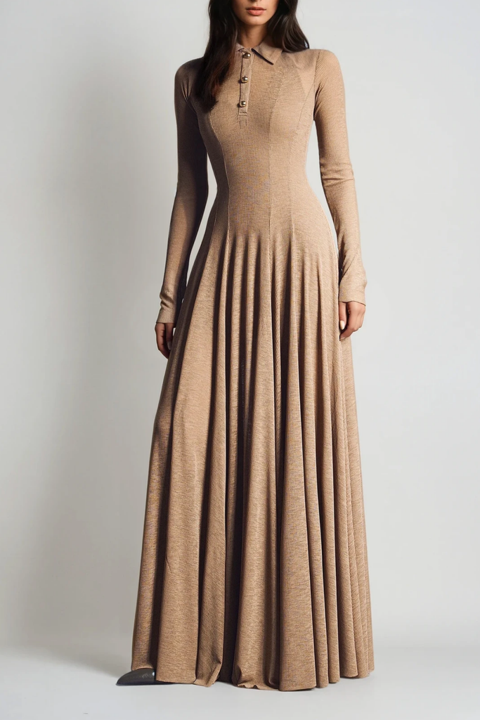 Dany Long Sleeve Ruffle Knit Maxi Dress In Khaki - Stylish beautiful dress for special occasions | Buy Online