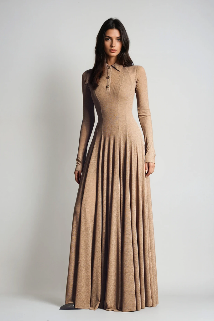 Stylish beautiful dress | Dany Long Sleeve Ruffle Knit Maxi Dress In Khaki - Ideal for special occasions