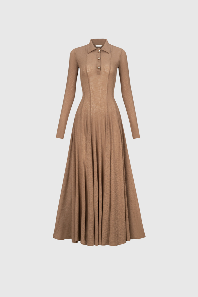 Dany Long Sleeve Ruffle Knit Maxi Dress In Khaki - Stylish beautiful dress for special occasions | Buy Online