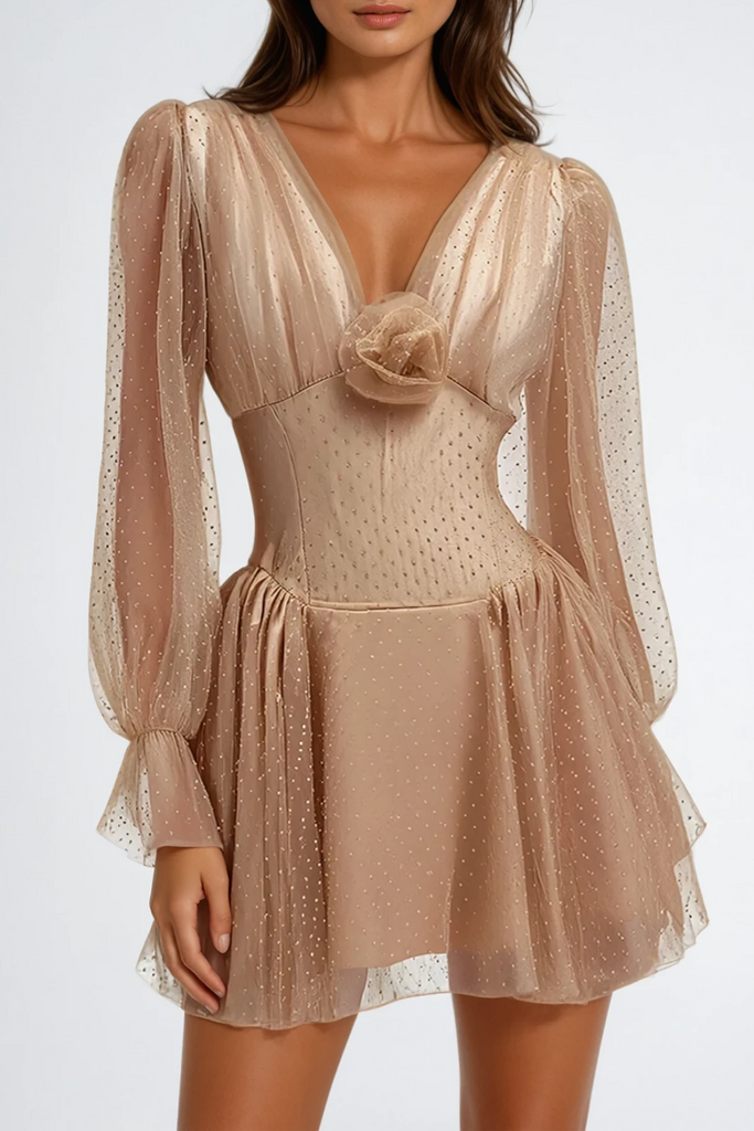 Shop  beautiful dress - Perfect for special occasions | Danyal Flower Balloon Sleeve Mesh Mini Dress