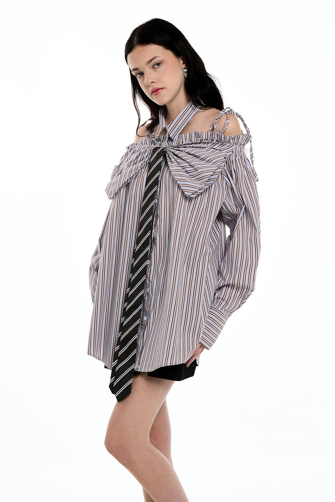 Shop  brown dress - Perfect for special occasions | Daquan Two Piece Bow Stripe Top In Brown