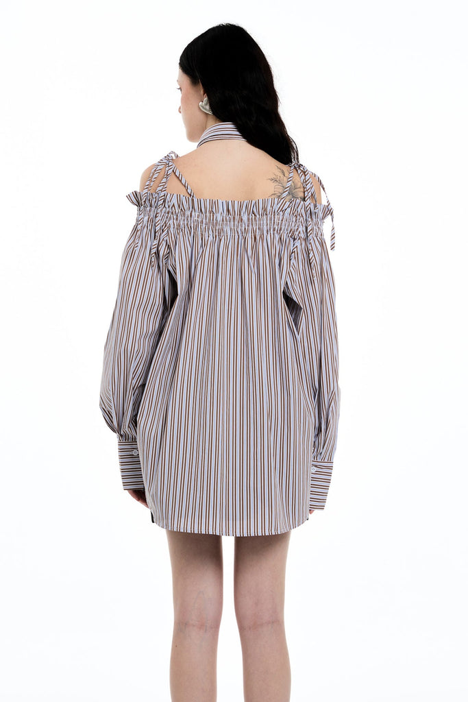 Daquan Two Piece Bow Stripe Top In Brown - Stylish brown dress for special occasions | Buy Online