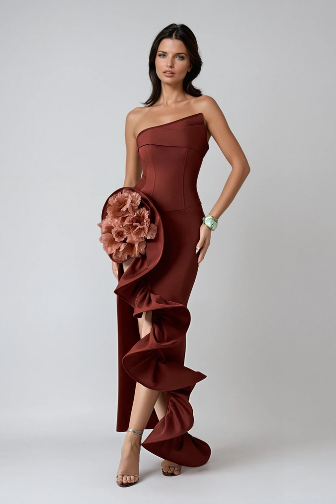 Darcie Flower Ruffle Asymmetric Maxi Dress - Stylish beautiful dress for special occasions | Buy Online