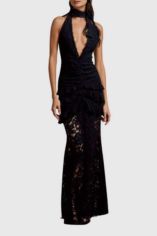 Dario Flower Plunge Lace Maxi Dress