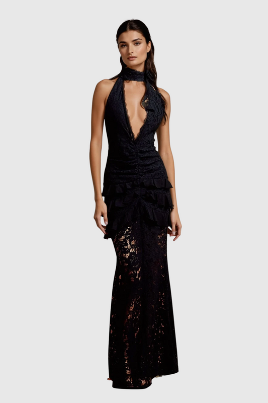 Dario Flower Plunge Lace Maxi Dress