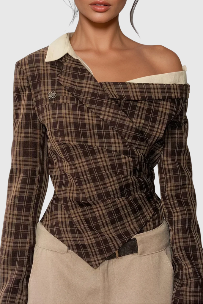 Darko One Shoulder Grid Top In Brown - Stylish brown dress for special occasions | Buy Online
