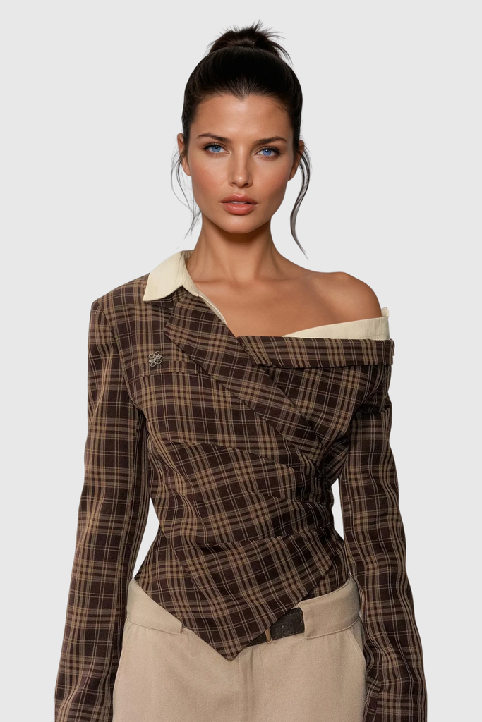 Stylish brown dress | Darko One Shoulder Grid Top In Brown - Ideal for special occasions