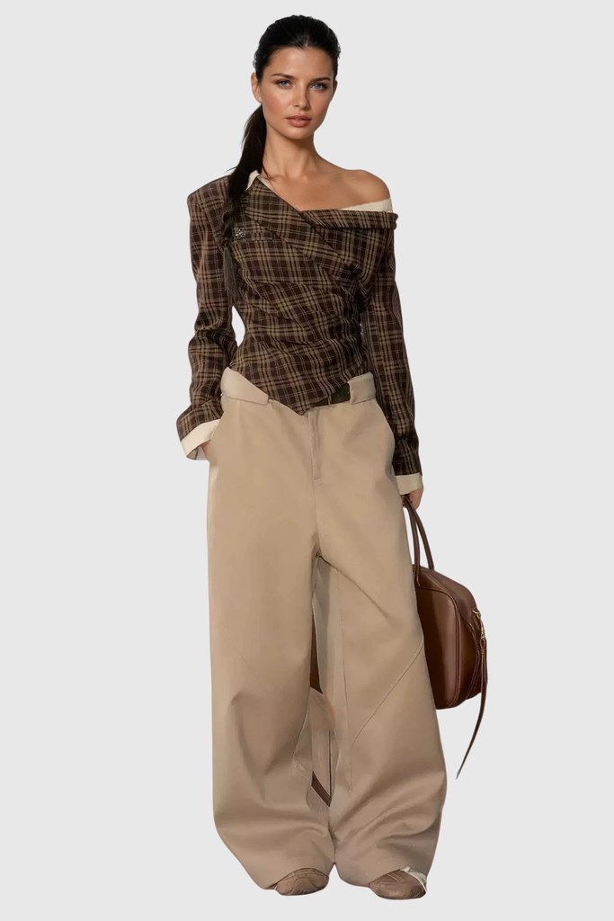 Darko One Shoulder Grid Top In Brown - Stylish brown dress for special occasions | Buy Online