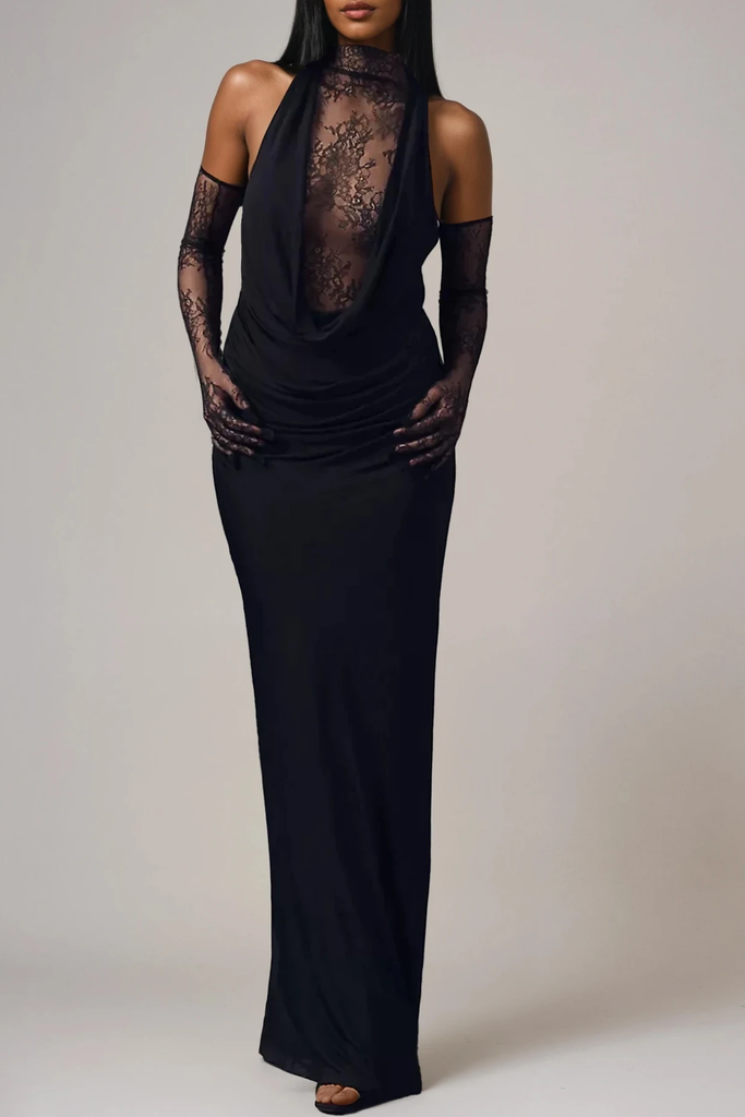 Stylish black dress | Darleen Cowl Neck Ruch Lace Maxi Dress In Black - Ideal for special occasions