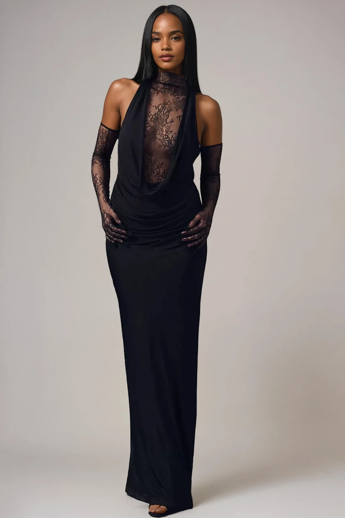 Darleen Cowl Neck Ruch Lace Maxi Dress In Black - Stylish black dress for special occasions | Buy Online