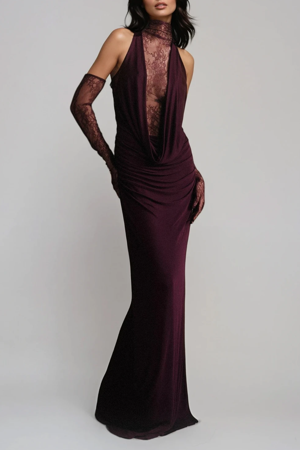 Darleen Cowl Neck Ruch Lace Maxi Dress In Red