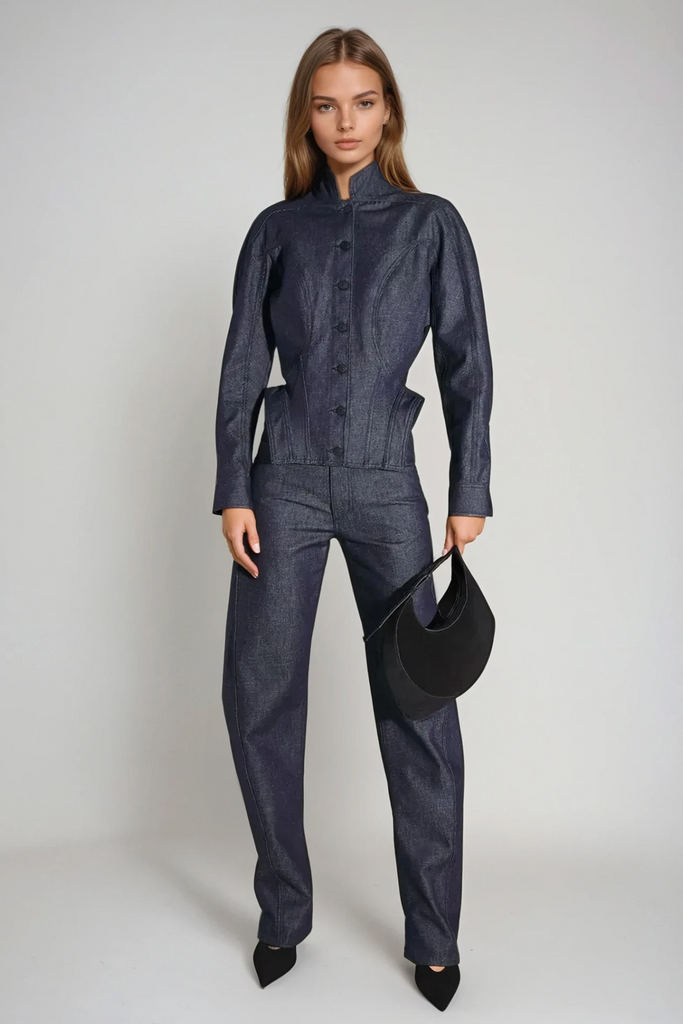 Darya Denim Pants Set In Deep Blue - Stylish blue dress for special occasions | Buy Online