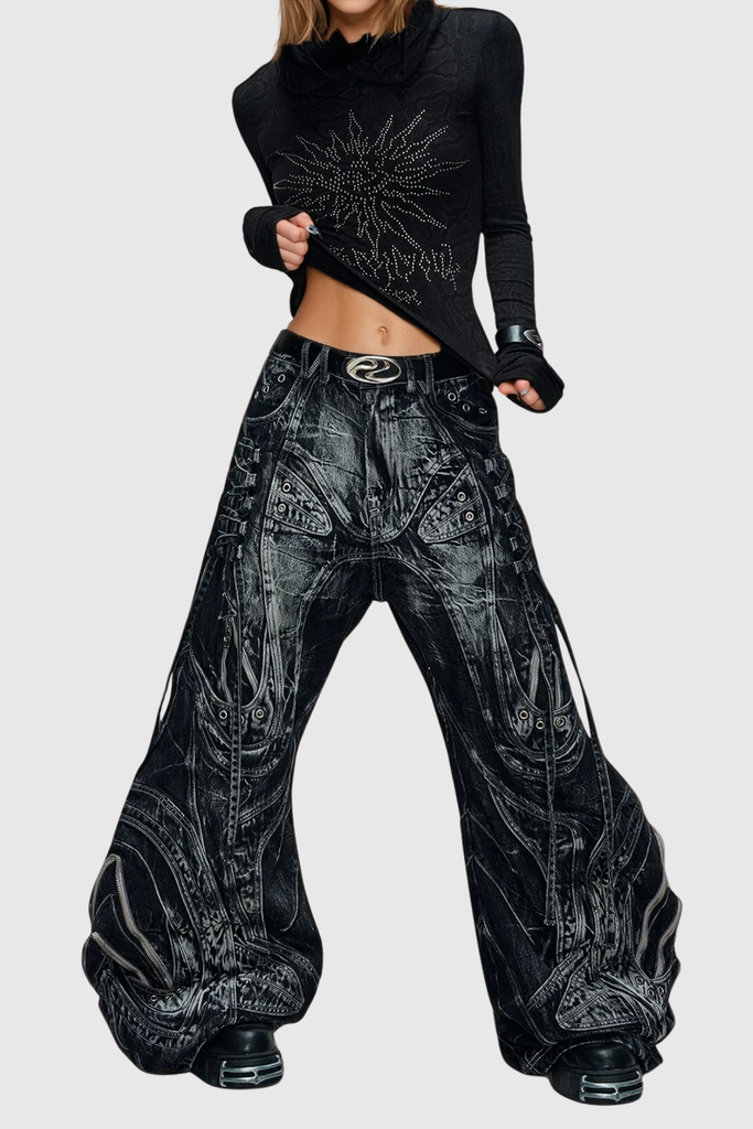 Daryl Deconstruct Print Wide Leg Jeans In Black - Stylish black dress for special occasions | Buy Online