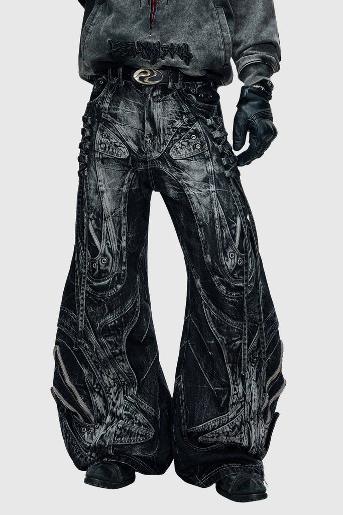 Daryl Deconstruct Print Wide Leg Jeans In Black - Stylish black dress for special occasions | Buy Online