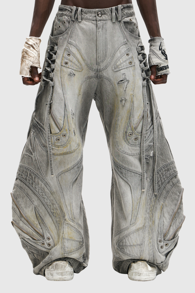 Daryl Deconstruct Print Wide Leg Jeans In Grey - Stylish beautiful dress for special occasions | Buy Online