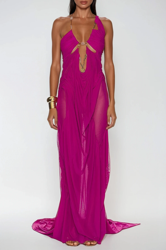 kimberley Plunge Chain Asymmetric Maxi Dress In Purple