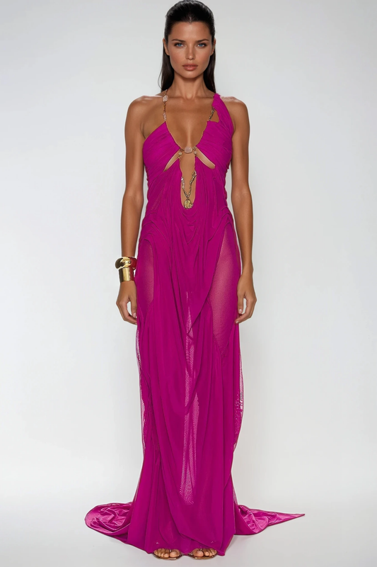 kimberley Plunge Chain Asymmetric Maxi Dress In Purple