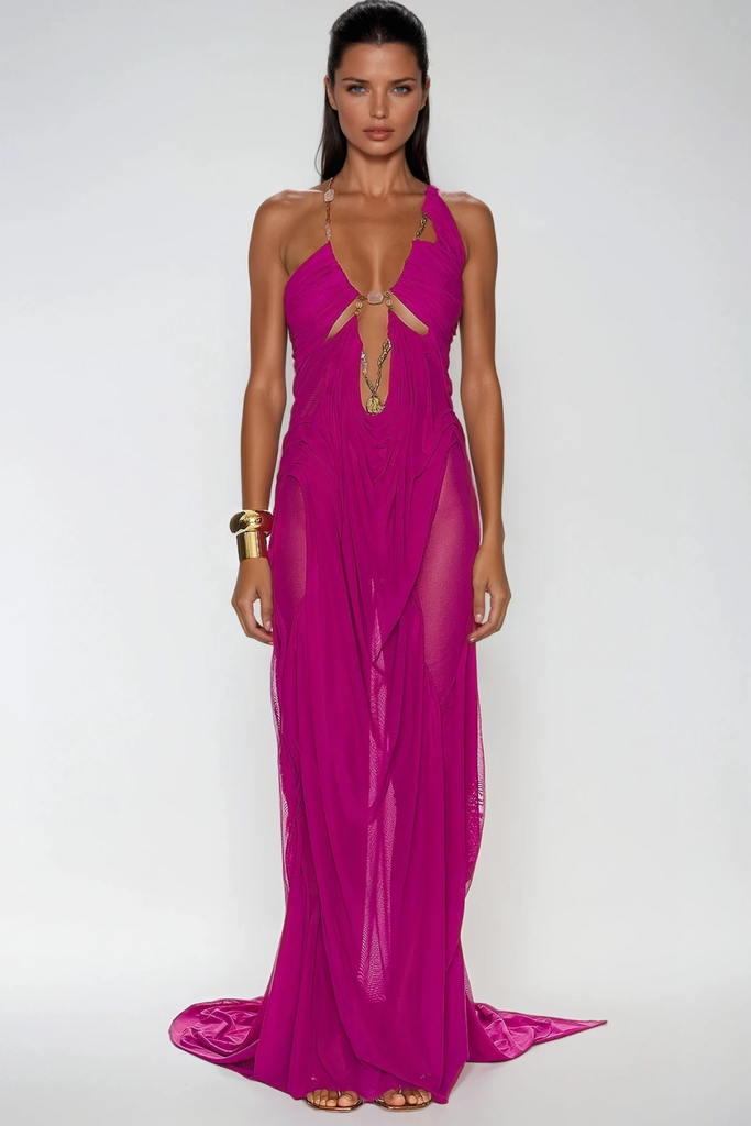 Shop  purple dress - Perfect for special occasions | kimberley Plunge Chain Asymmetric Maxi Dress In Purple