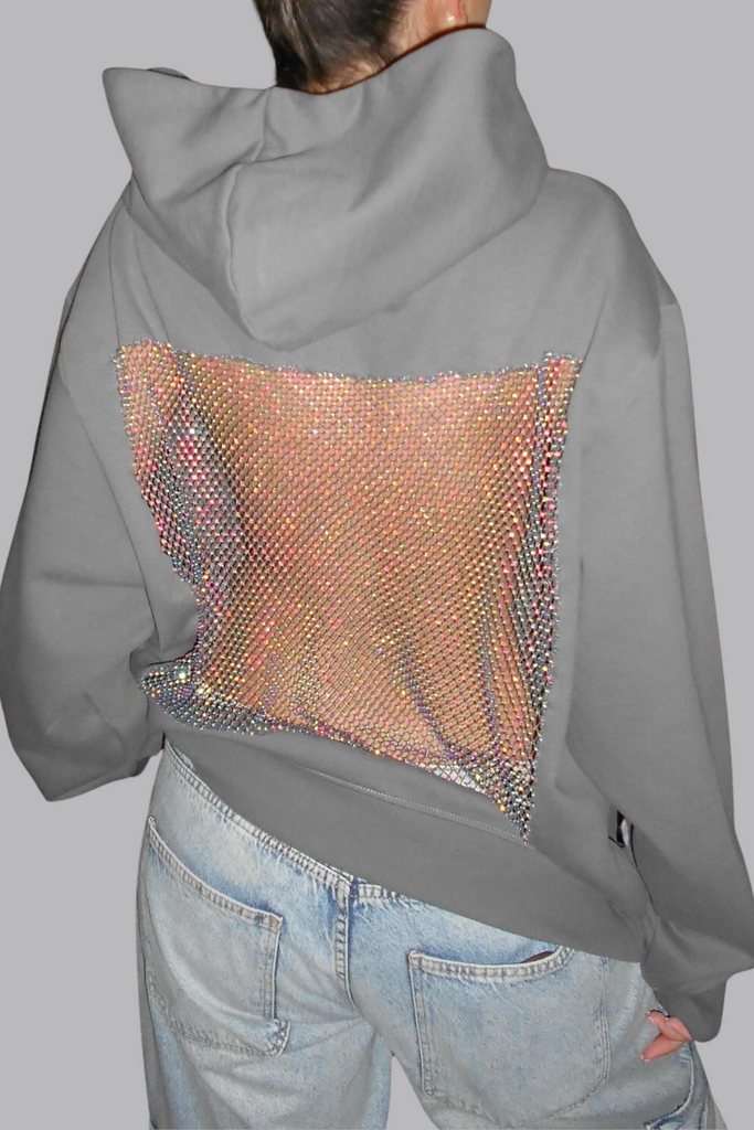 Dazhbog Hooded Rhinestone Mesh Top In Grey - Stylish beautiful dress for special occasions | Buy Online