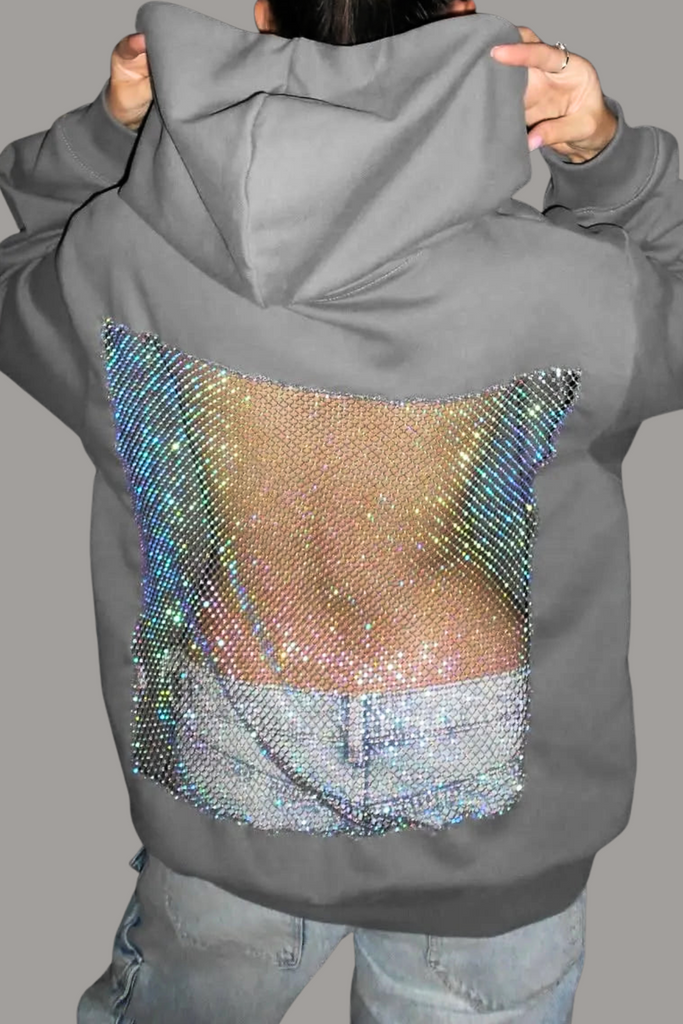 Shop  beautiful dress - Perfect for special occasions | Dazhbog Hooded Rhinestone Mesh Top In Grey