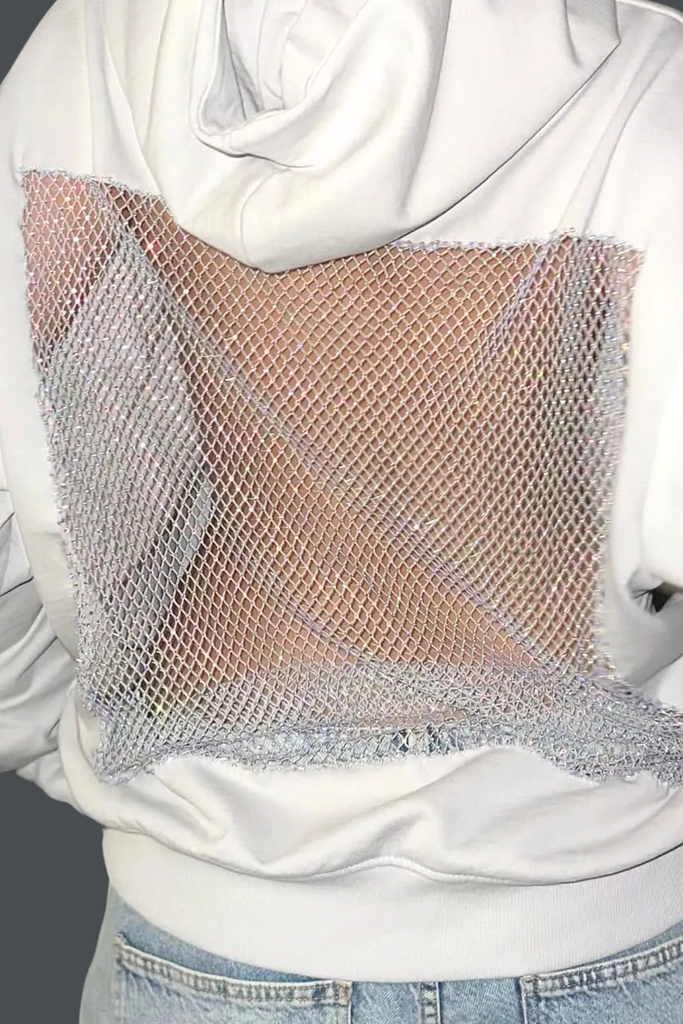 Stylish white dress | Dazhbog Hooded Rhinestone Mesh Top In White - Ideal for special occasions