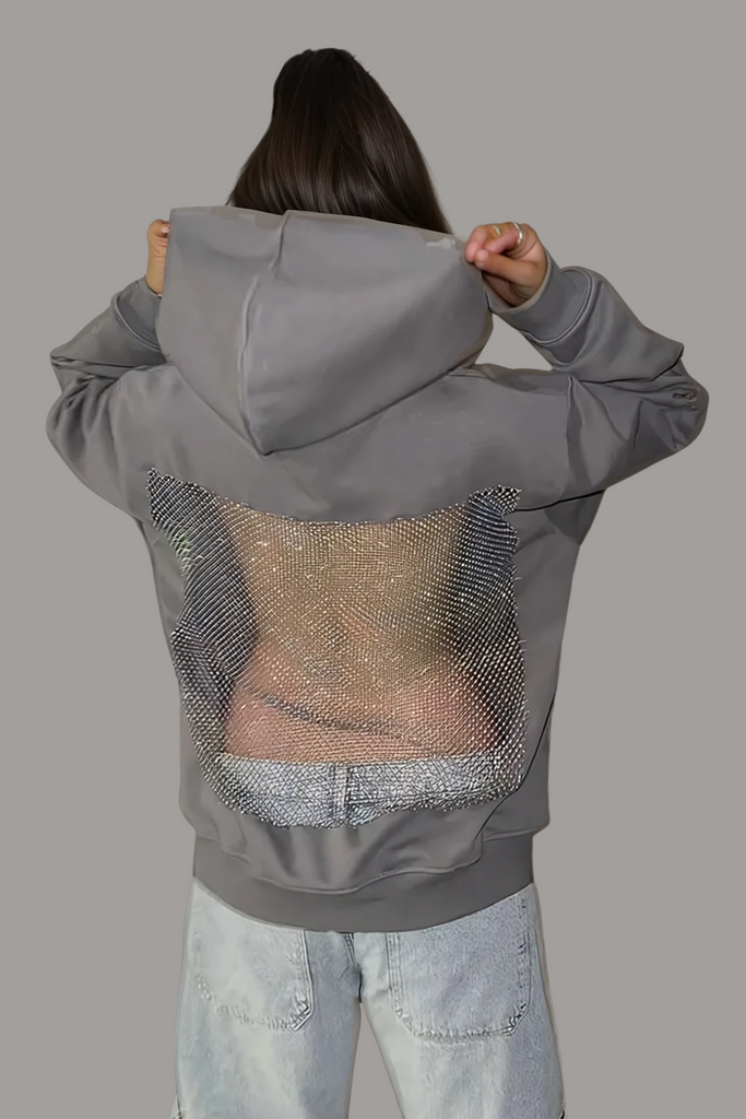 Dazhbog Hooded Rhinestone Mesh Top In Grey - Stylish beautiful dress for special occasions | Buy Online