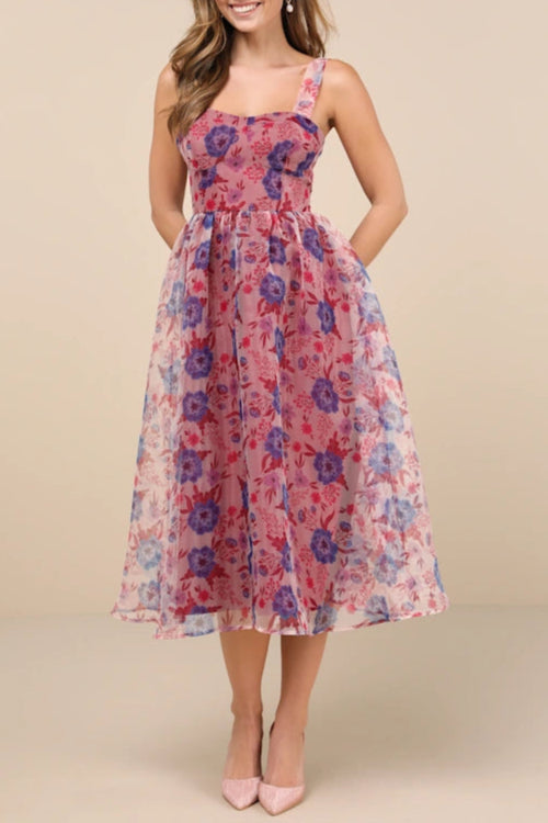 Stylish beautiful dress | Delightful Look Magenta Floral Print Bustier Midi Skater Dress - Ideal for special occasions