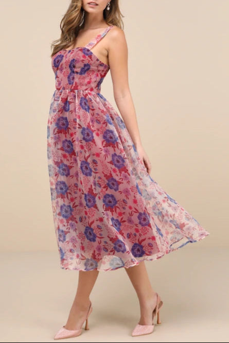 Stylish beautiful dress | Delightful Look Magenta Floral Print Bustier Midi Skater Dress - Ideal for special occasions