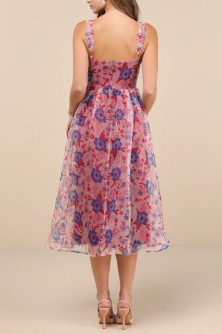 Stylish beautiful dress | Delightful Look Magenta Floral Print Bustier Midi Skater Dress - Ideal for special occasions