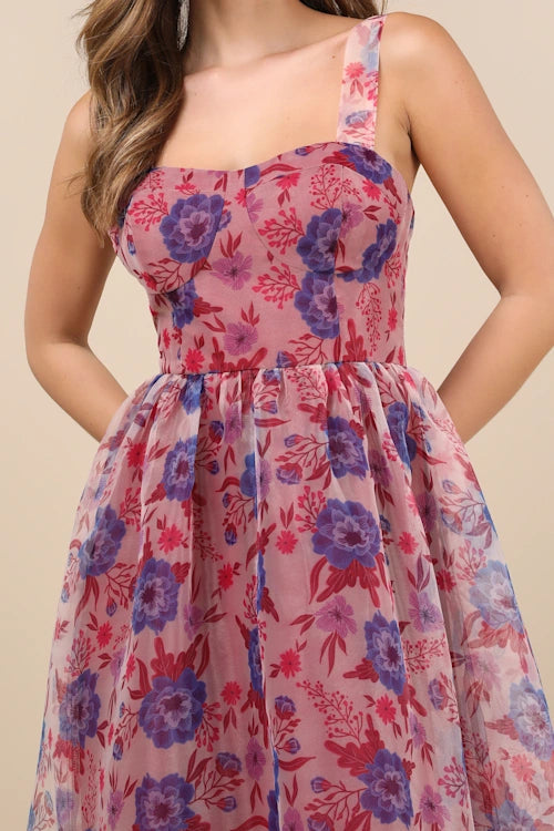 Shop  beautiful dress - Perfect for special occasions | Delightful Look Magenta Floral Print Bustier Midi Skater Dress