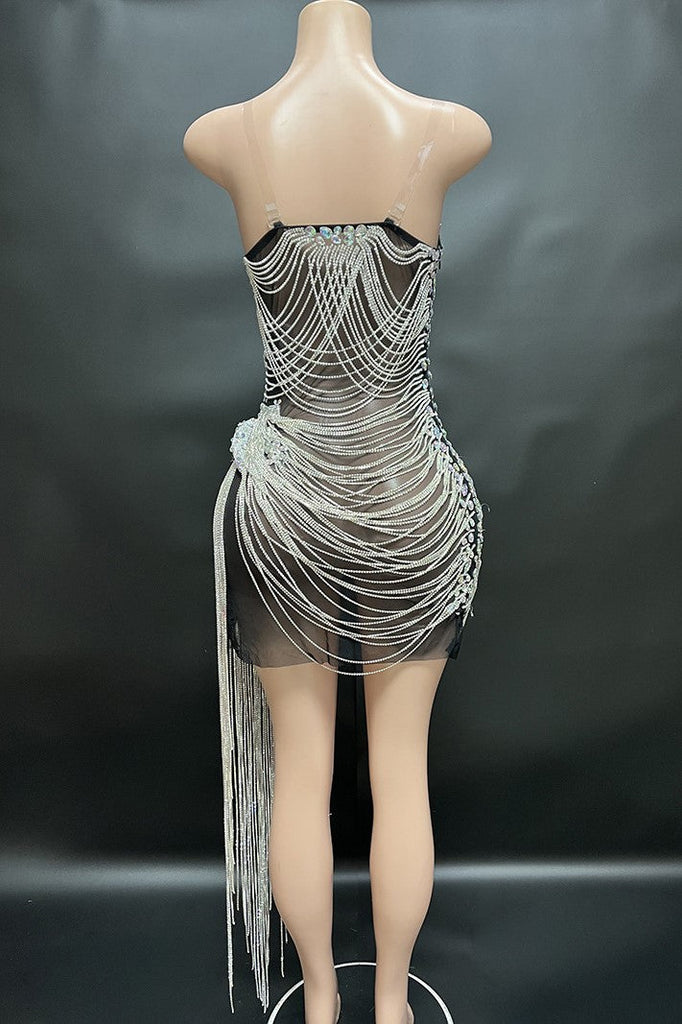 Stylish black dress | Delilah Rhinestone Strapless Mesh Mini Dress - Black - Ideal for special occasions