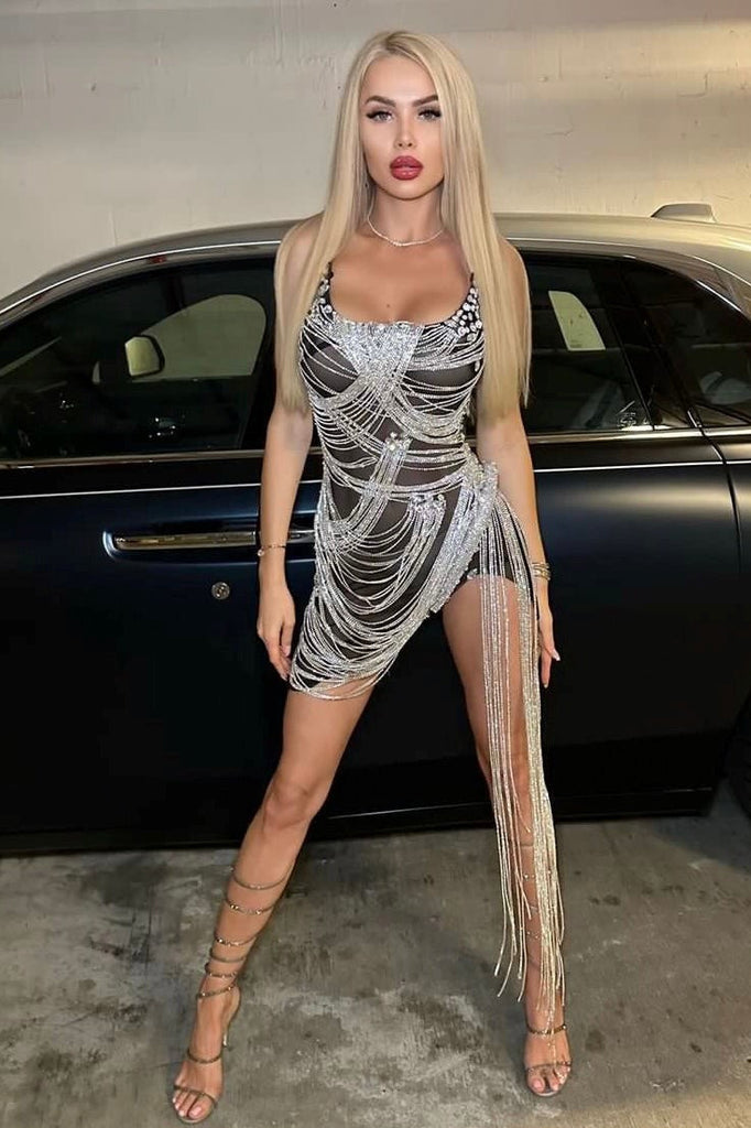 Delilah Rhinestone Strapless Mesh Mini Dress - Black - Stylish black dress for special occasions | Buy Online