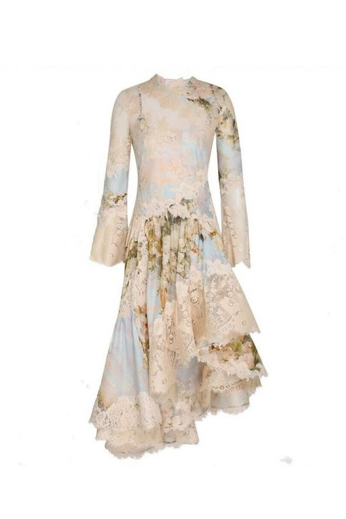 Stylish beautiful dress | kristin Long Sleeves Floral Printed Asymmetric Lace Maxi Dress - Ideal for special occasions