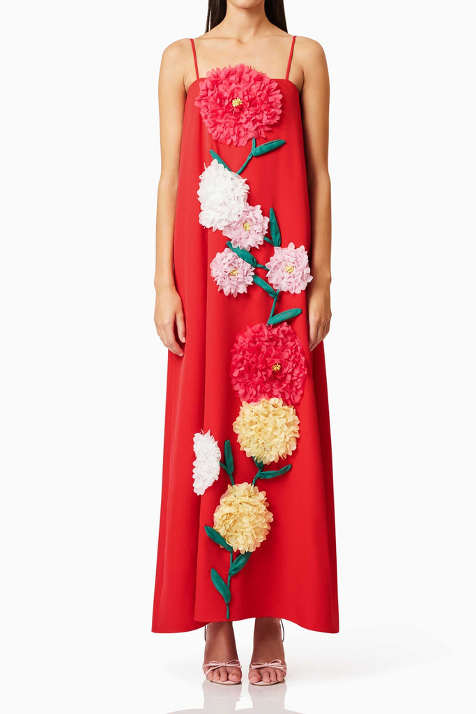 aaliyah Buttercup Embroidered Maxi Dress In Red - Stylish red dress for special occasions | Buy Online