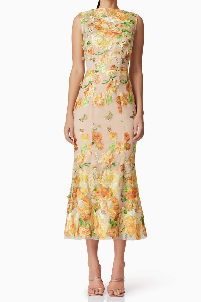Shop  red dress - Perfect for special occasions | elsie 3d floral embroidered midi dress in yellow