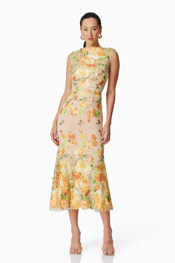 Shop  red dress - Perfect for special occasions | elsie 3d floral embroidered midi dress in yellow