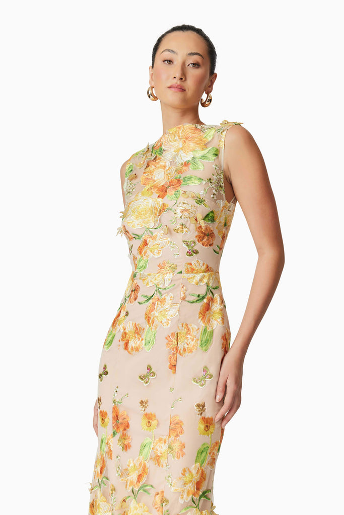 Stylish red dress | elsie 3d floral embroidered midi dress in yellow - Ideal for special occasions