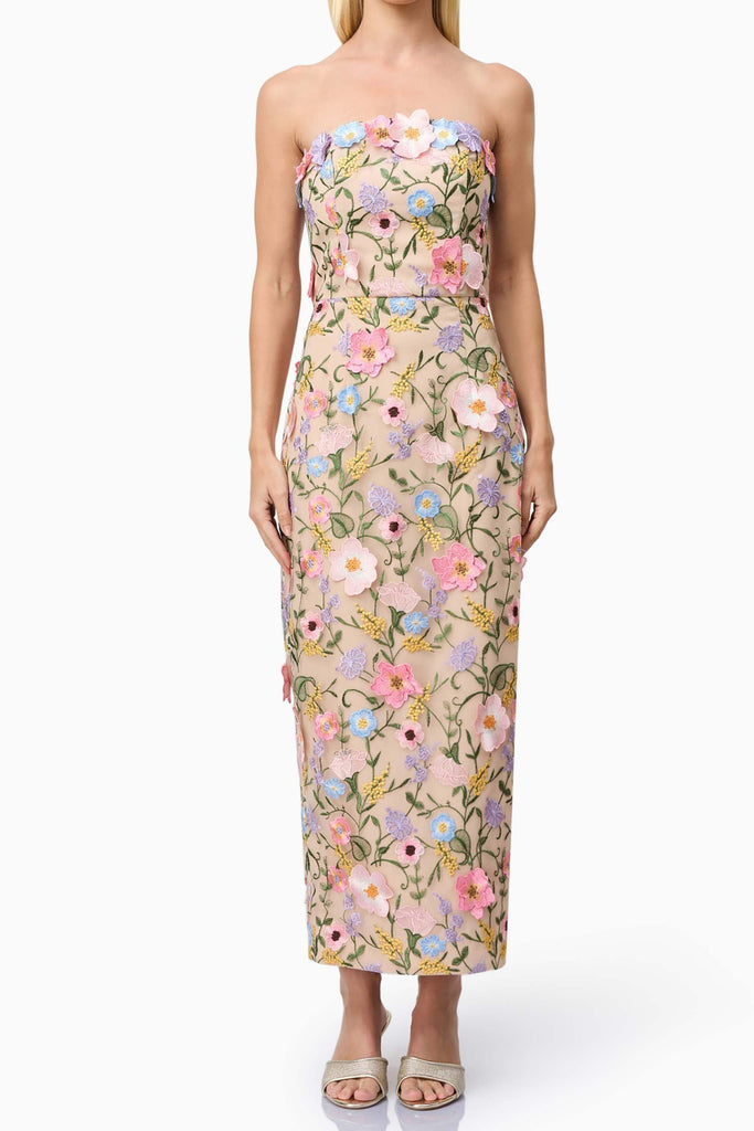 Stylish beautiful dress | Helena Strapless Midi Dress In Floral apricot - Ideal for special occasions