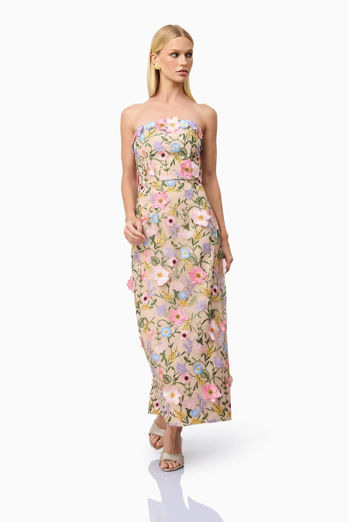 Helena Strapless Midi Dress In Floral apricot - Stylish beautiful dress for special occasions | Buy Online