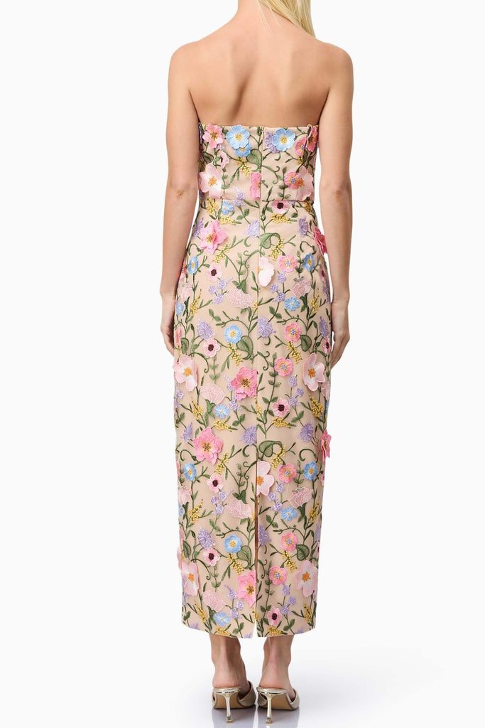 Helena Strapless Midi Dress In Floral apricot - Stylish beautiful dress for special occasions | Buy Online