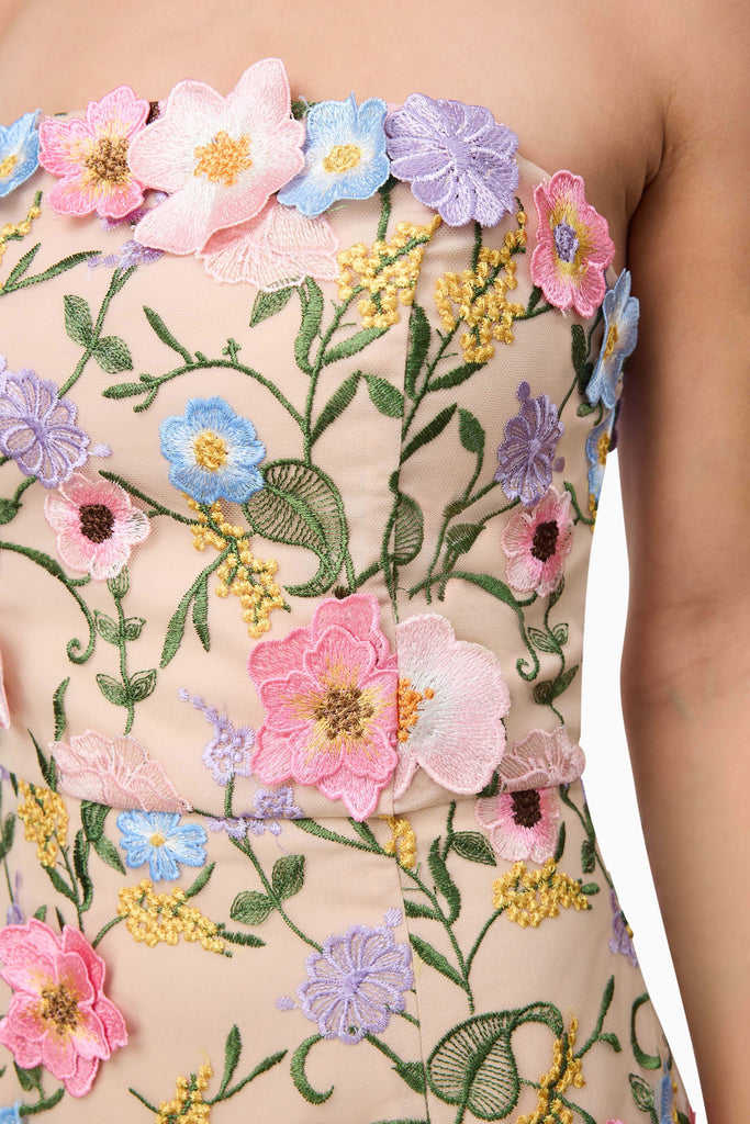 Helena Strapless Midi Dress In Floral apricot - Stylish beautiful dress for special occasions | Buy Online