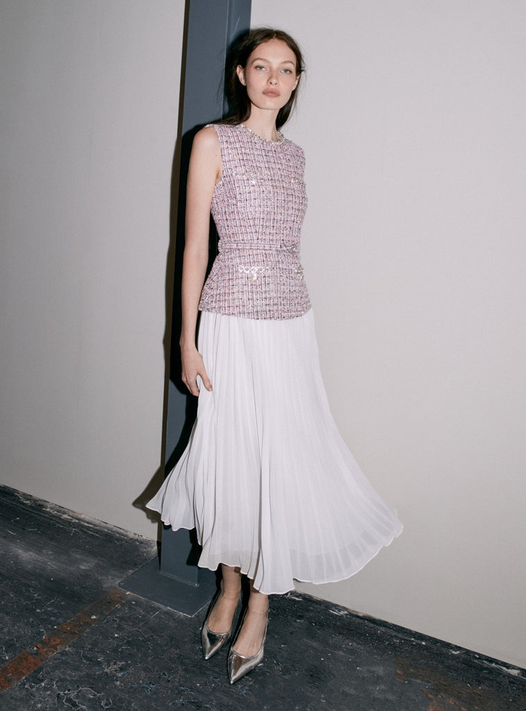 Stylish pink dress | aditi Pink Boucle Chiffon Midi Dress - Ideal for special occasions